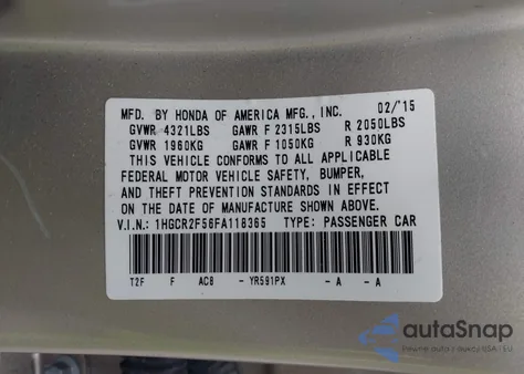 2015 Honda Accord Sport from USA, damaged, VIN 1HGCR2F56FA118365